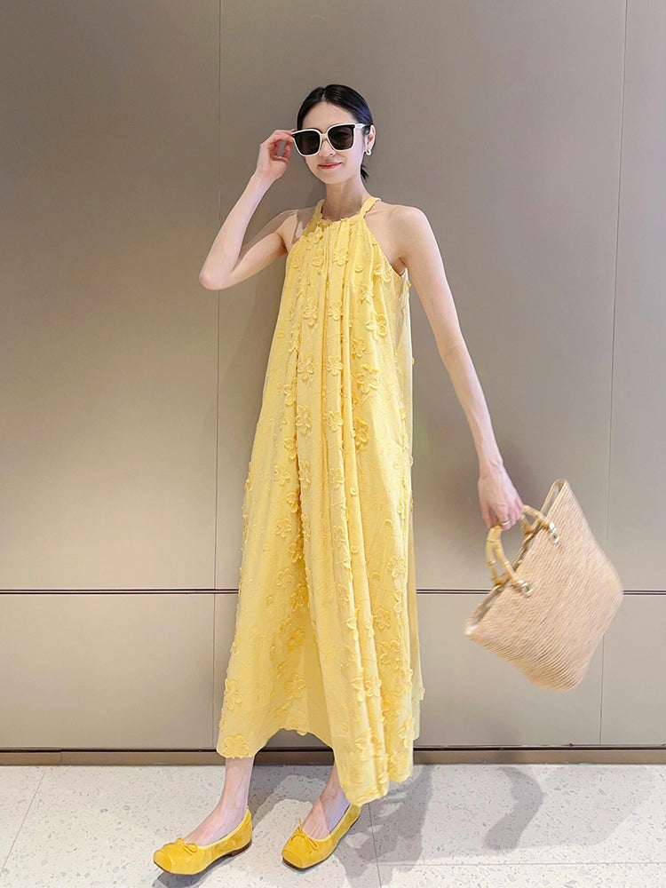 Yellow 3D Floral Halter Maxi Dress