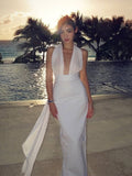 White Halter Deep V Gown