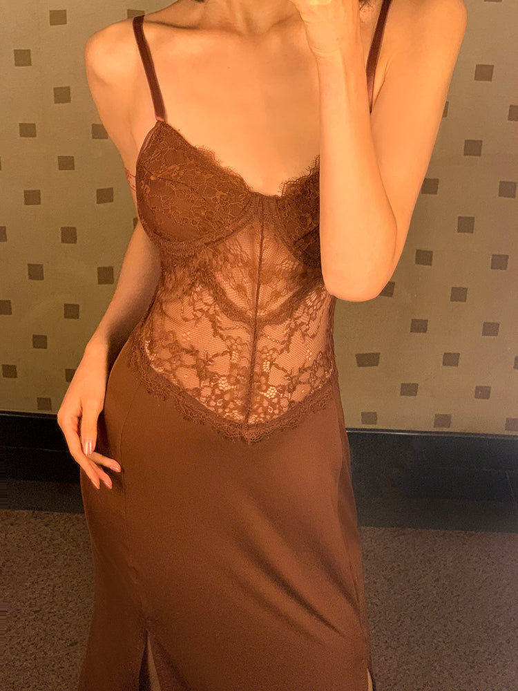 Vintage Brown Lace Maxi Dress