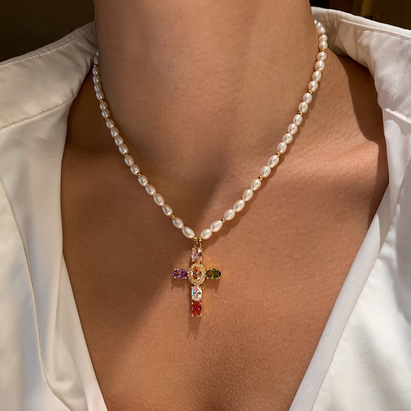 Natural Pearl Colorful Cross Pendant Necklace 22K Gold Plated