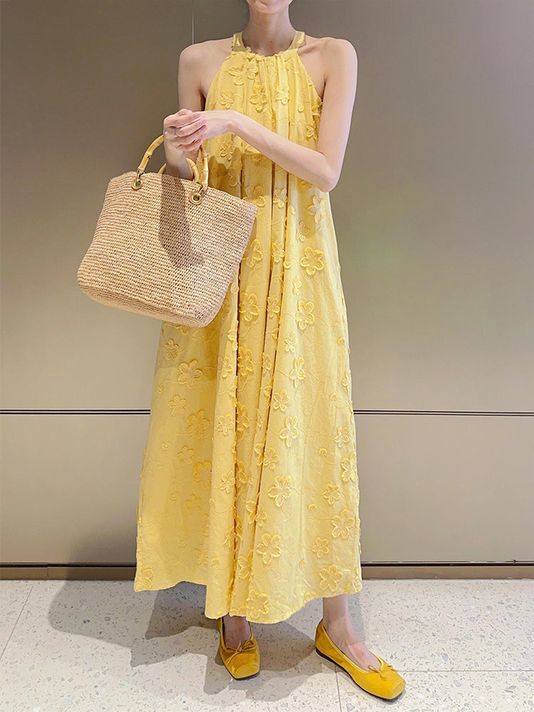 Yellow 3D Floral Halter Maxi Dress