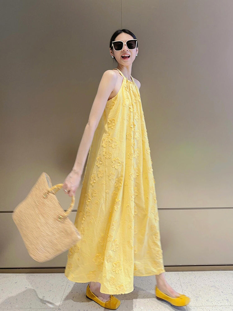 Yellow 3D Floral Halter Maxi Dress