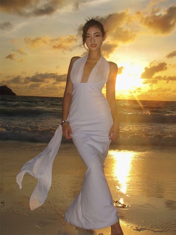 White Halter Deep V Gown