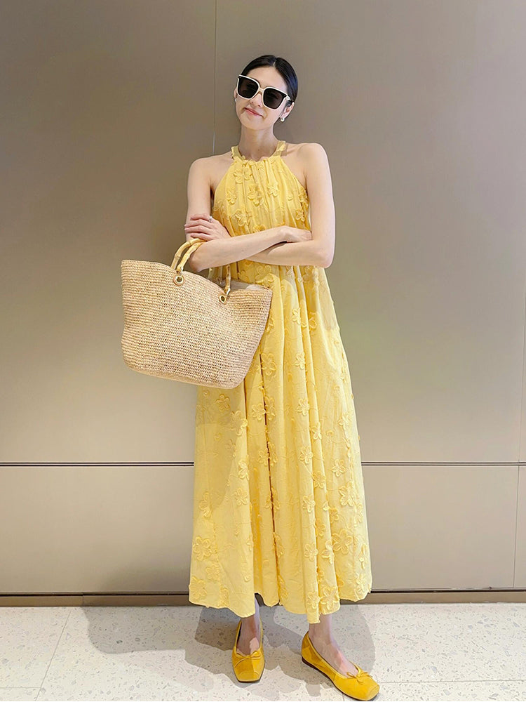 Yellow 3D Floral Halter Maxi Dress