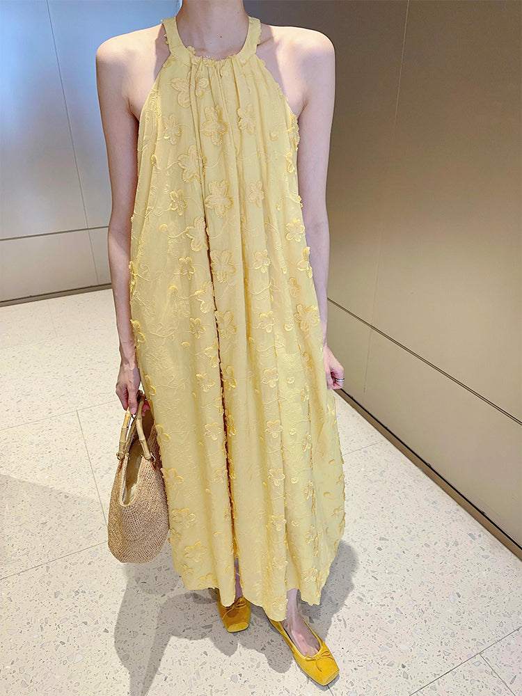 Yellow 3D Floral Halter Maxi Dress