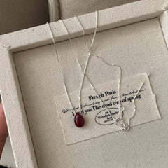 Minimal Nature Stone Drop Pendant 925 Silver Necklace Ruby