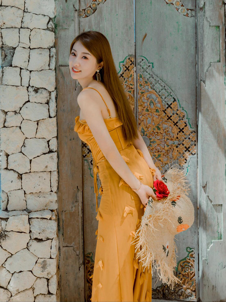 Yellow 3D Floral Strap Dress