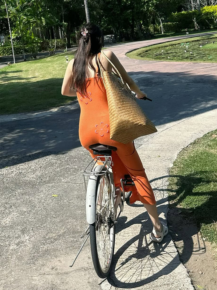 Orange Sexy V-Neck Backless Knit Dress