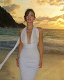 White Halter Deep V Gown