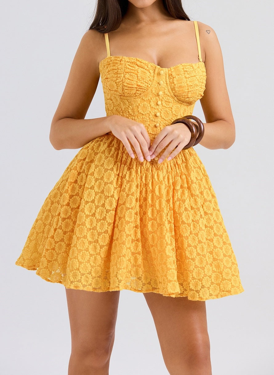 Flower Lace Yellow Mini Dress