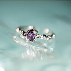 Aquamarine Purple Heart 925 Silver Ring