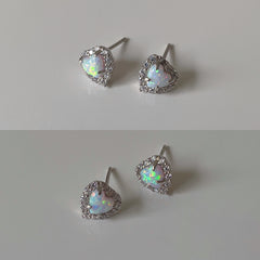 Raisa Heart-Shaped Opal and White Zirconia Frame Stud 925 Silver Earrings