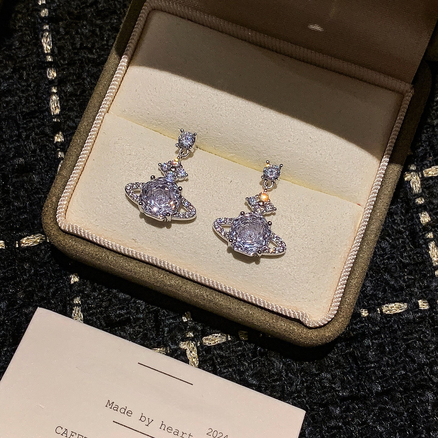 999 Silver Rose-Cut Saturn Diamond Earrings