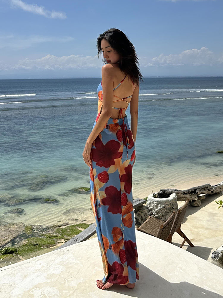 Backless V-neck Slim-fit Dress · Beach Sand Resort Bohemian Style Maxi