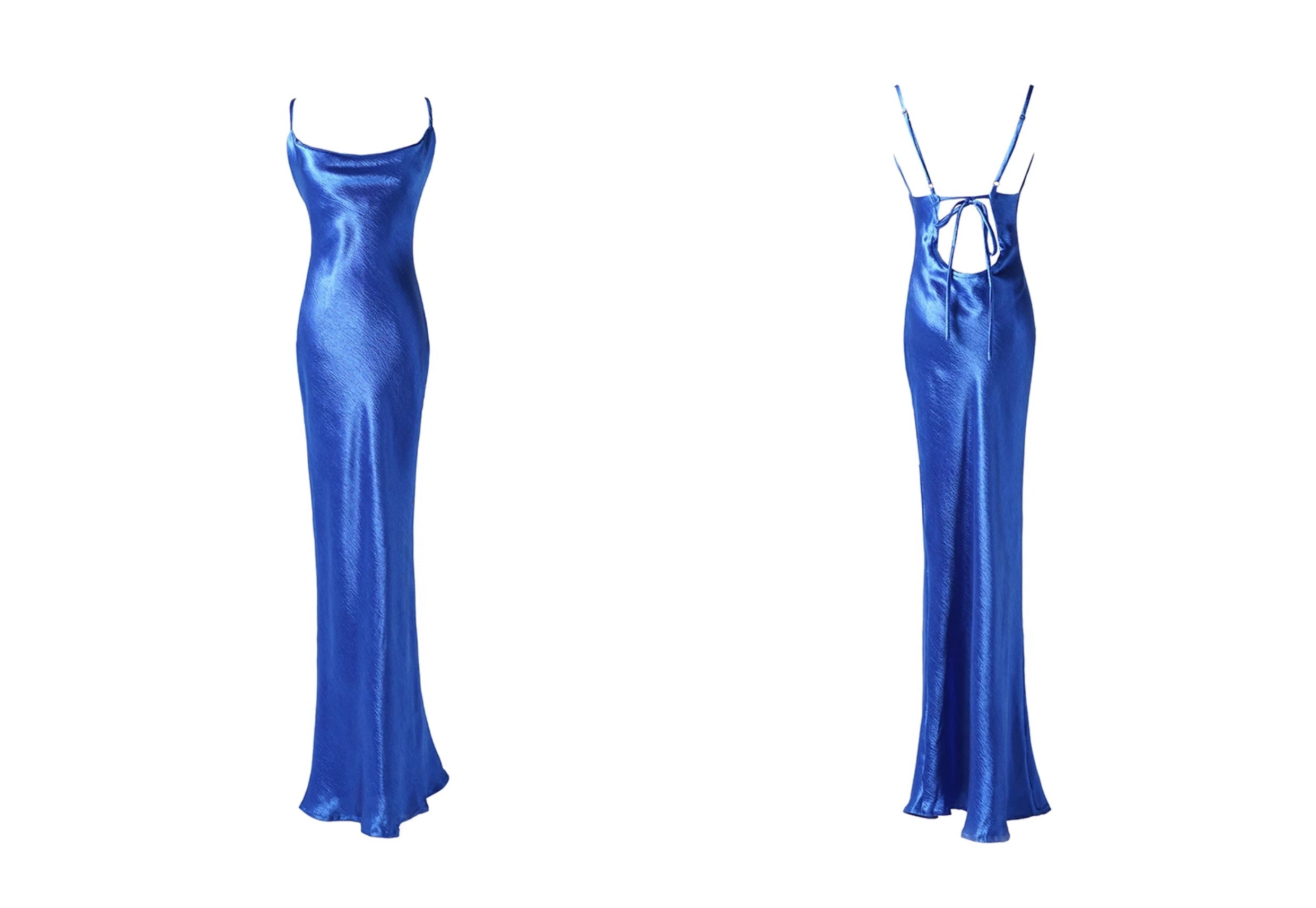 Acetate Satin Cowl Neck Dress Blue