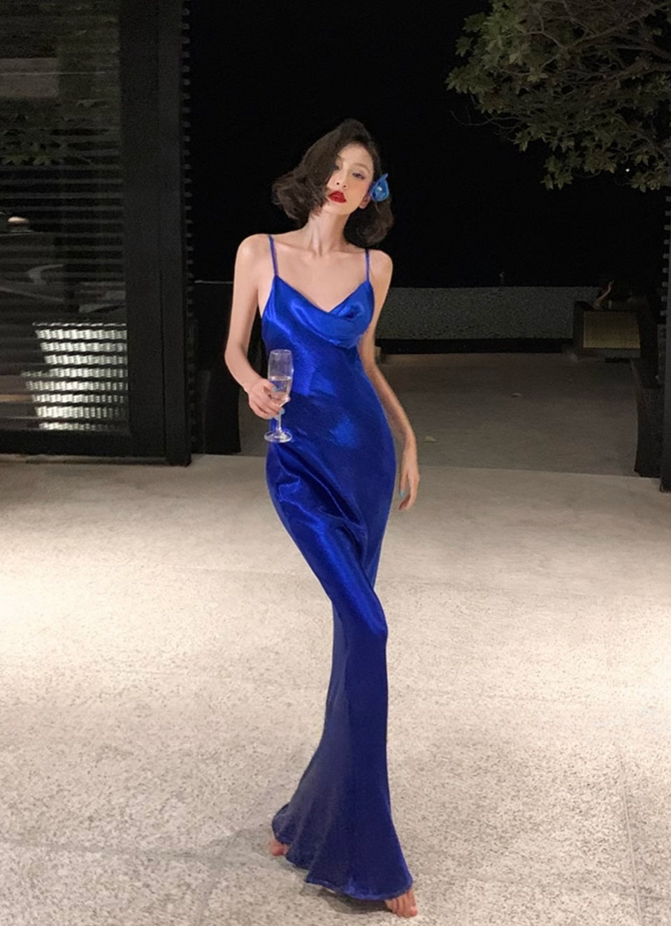 Acetate Satin Cowl Neck Dress Blue