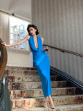 Blue Deep V-Neck Satin Backless Draped Evening Gown