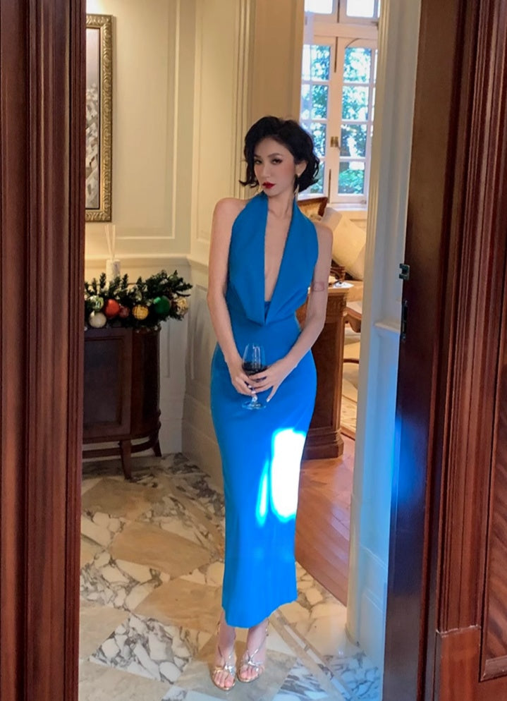 Blue Deep V-Neck Satin Backless Draped Evening Gown