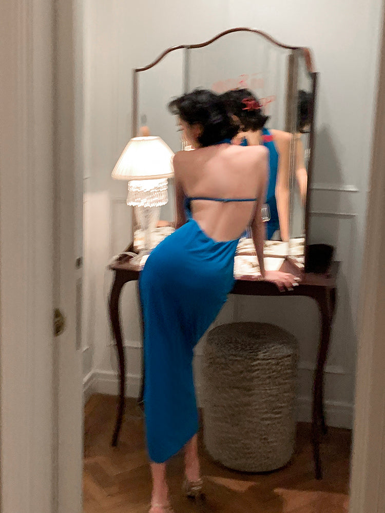 Blue Deep V-Neck Satin Backless Draped Evening Gown