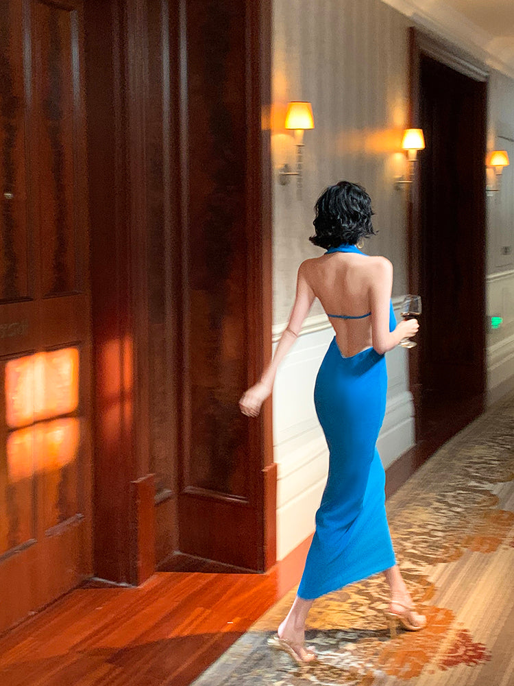 Blue Deep V-Neck Satin Backless Draped Evening Gown