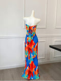 Colorful Floral Strapless Ruched Maxi Dress – Summer Statement Piece