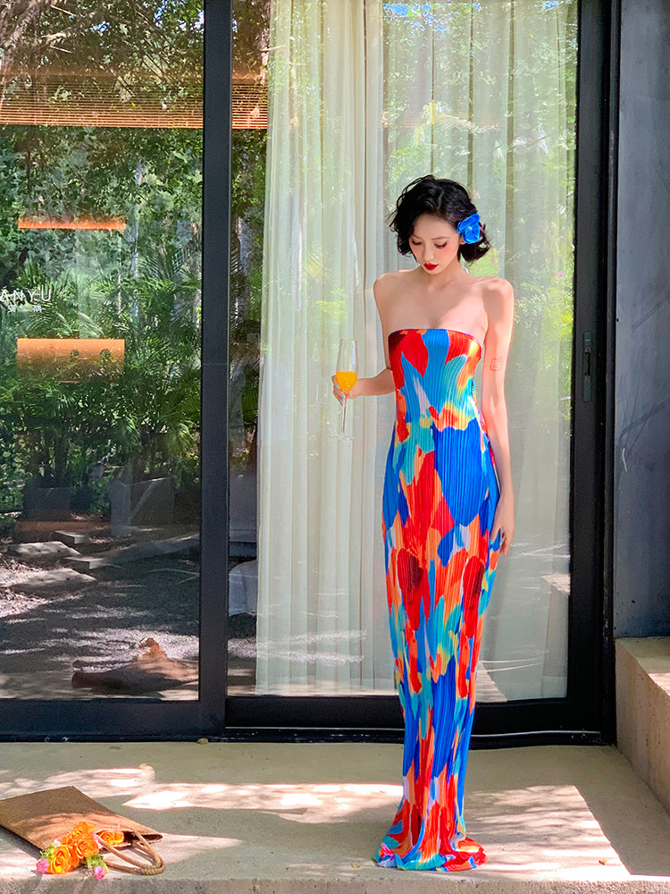 Colorful Floral Strapless Ruched Maxi Dress – Summer Statement Piece