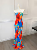Colorful Floral Strapless Ruched Maxi Dress – Summer Statement Piece