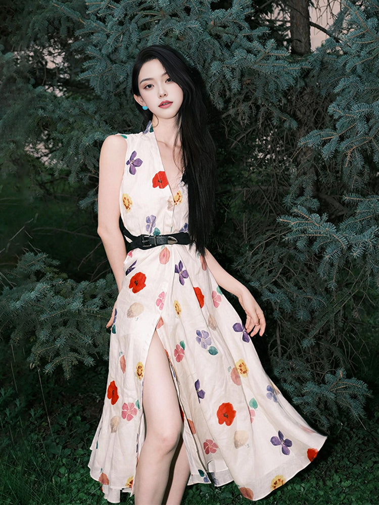 Floral Print Sleeveless Waist-cinching Dress