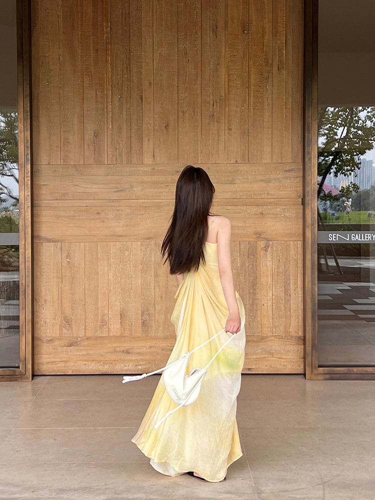 Flowy Yellow Tie-Dye V-Neck Maxi Dress – Ethereal Summer Escape