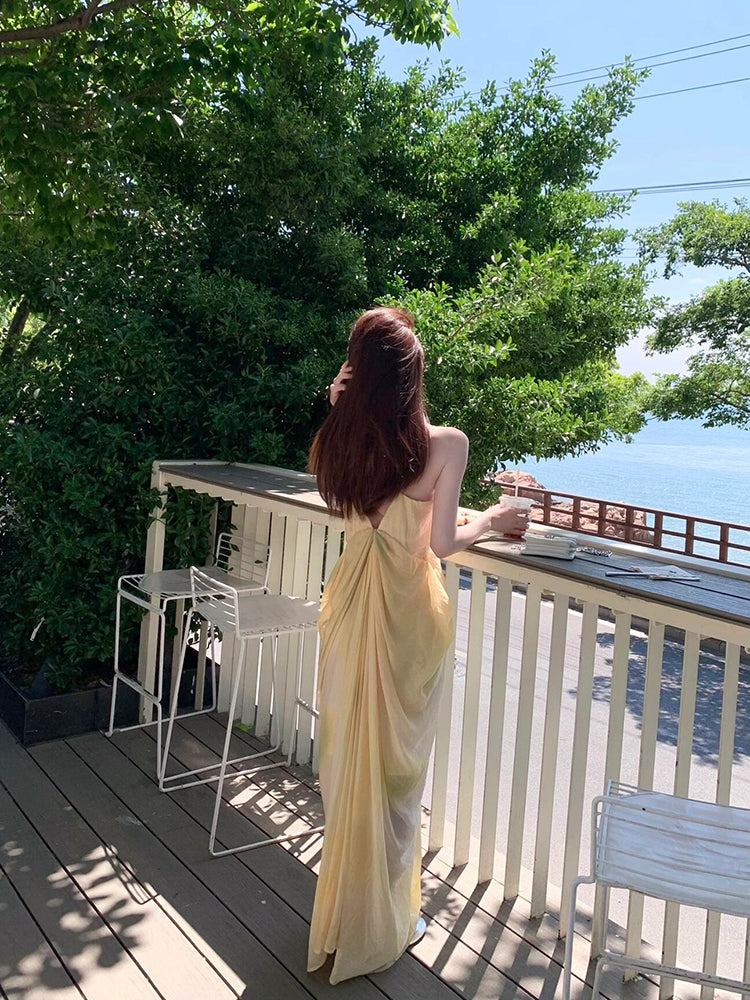 Flowy Yellow Tie-Dye V-Neck Maxi Dress – Ethereal Summer Escape