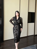 French Sheer V-Neck Wrap Lace Dress Plus-Size