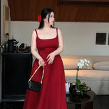 Hepburn-Style Black Slip Dress Red Black