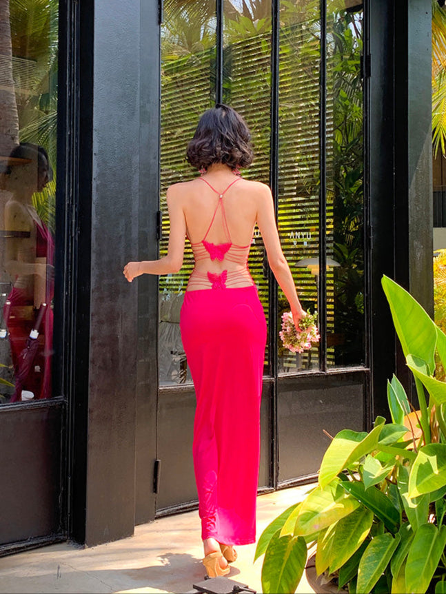 Hot Pink Backless Butterfly Strap Dress