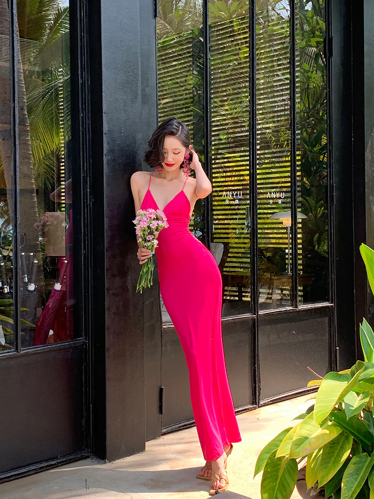 Hot Pink Backless Butterfly Strap Dress