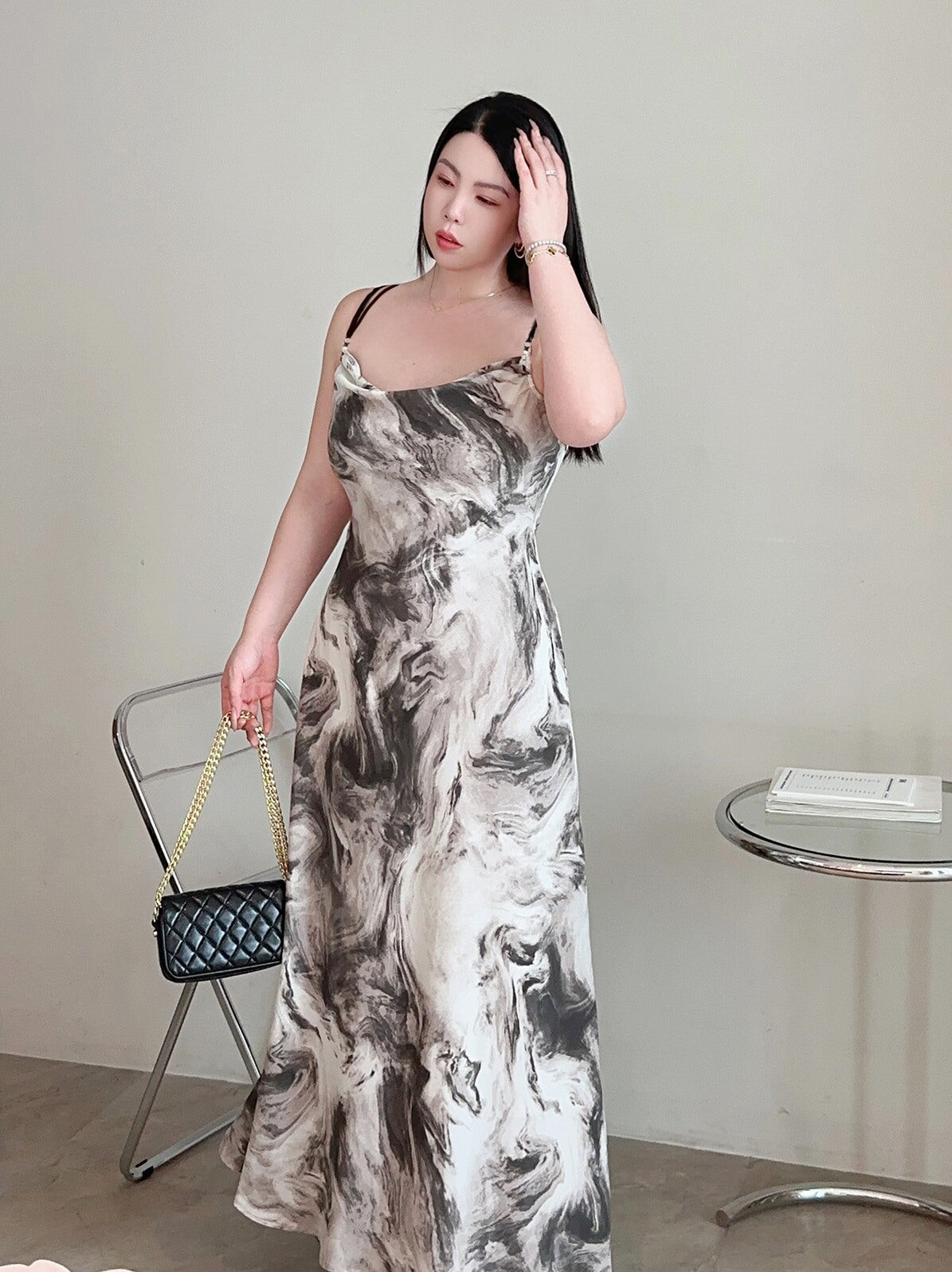 Ink-Wash Slip Dress Plus-Size no Cardigan