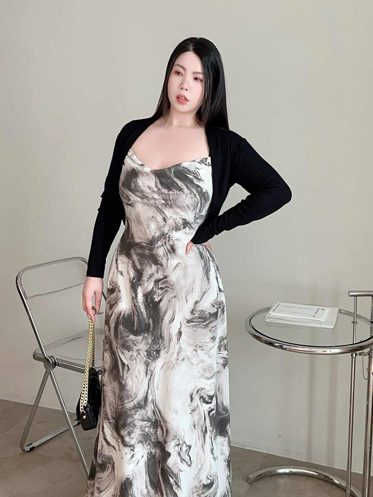 Ink-Wash Slip Dress Plus-Size no Cardigan