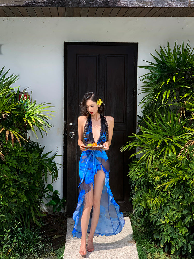 Lace & Tie-Dye Blue Maxi Dress