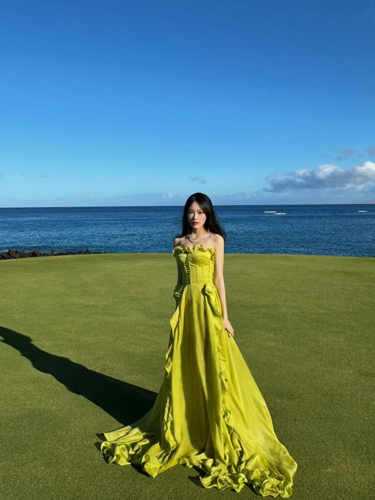 Luxury Green Ruffle Strapless Dress – Elegant Birthday Party Gown