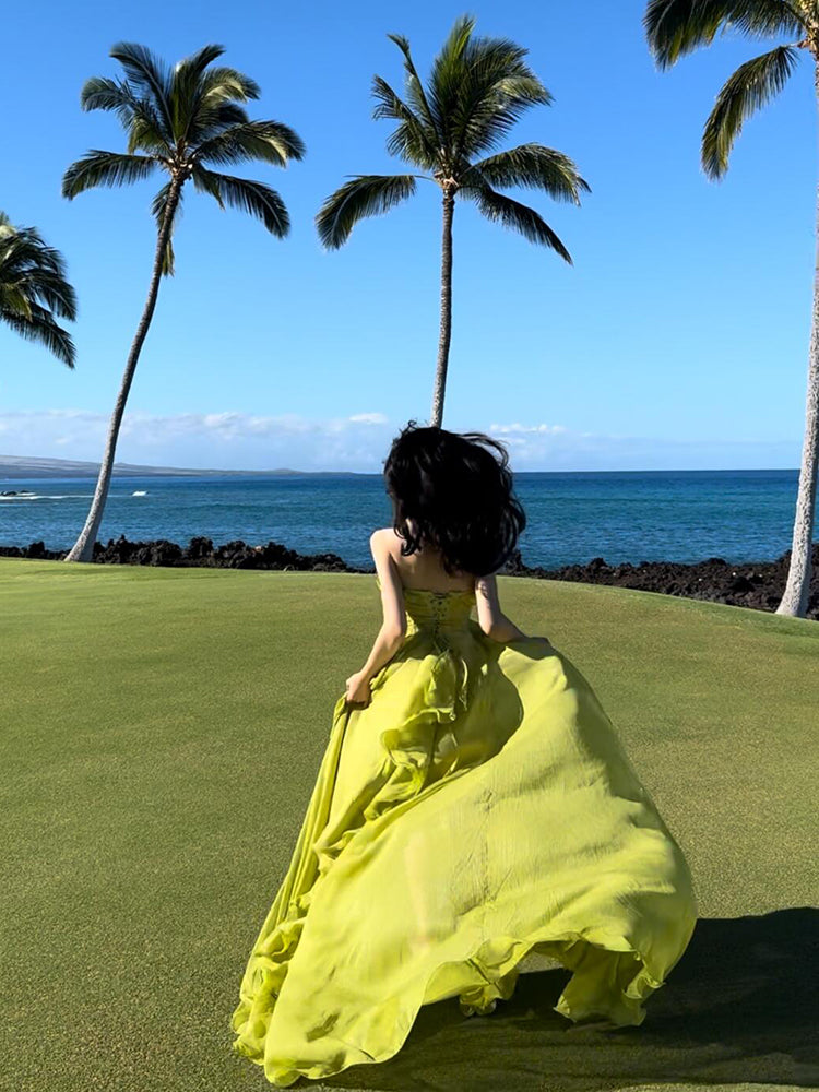 Luxury Green Ruffle Strapless Dress – Elegant Birthday Party Gown