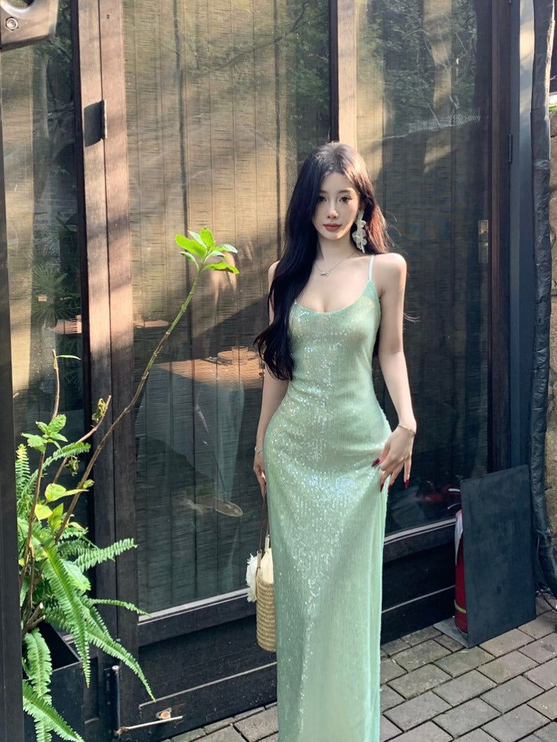 Luxury Green Sequin Gown – Elegant Evening Party Dress