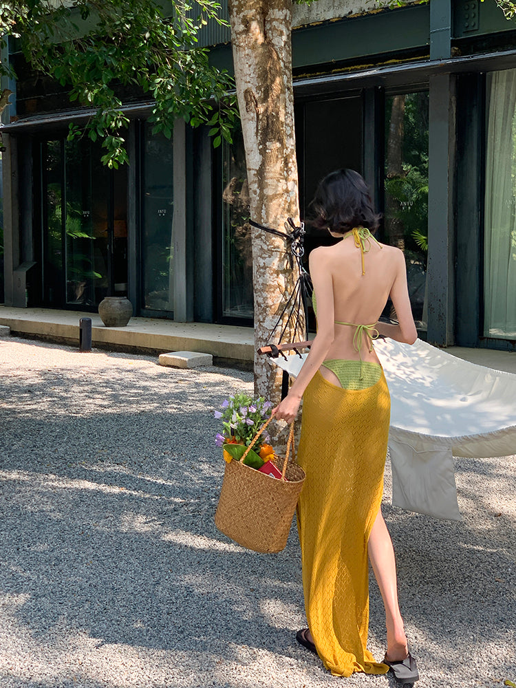 Mustard Backless Halter Knit Dress