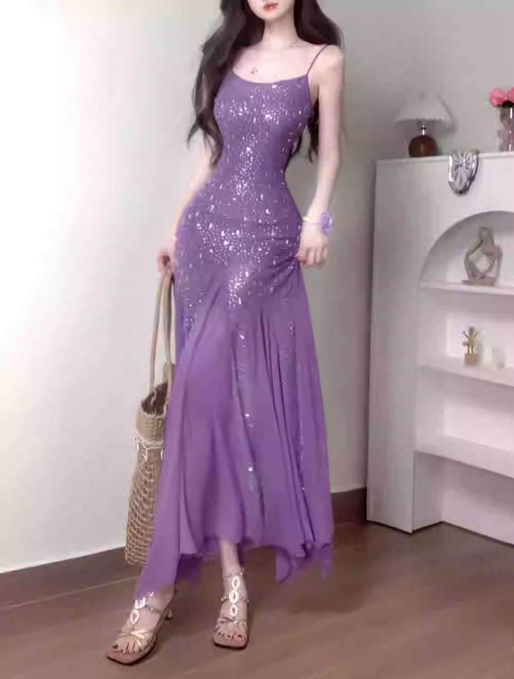 Starlit Hem Nude Rhinestone Glamorous Slimming Cami Dress