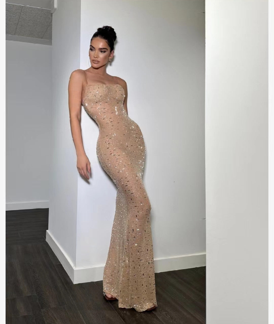 Nude Rhinestone Glamorous Slimming Cami Dress