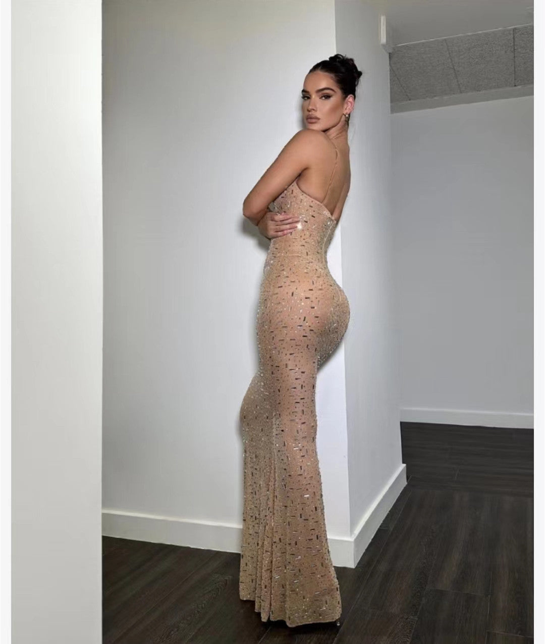 Nude Rhinestone Glamorous Slimming Cami Dress