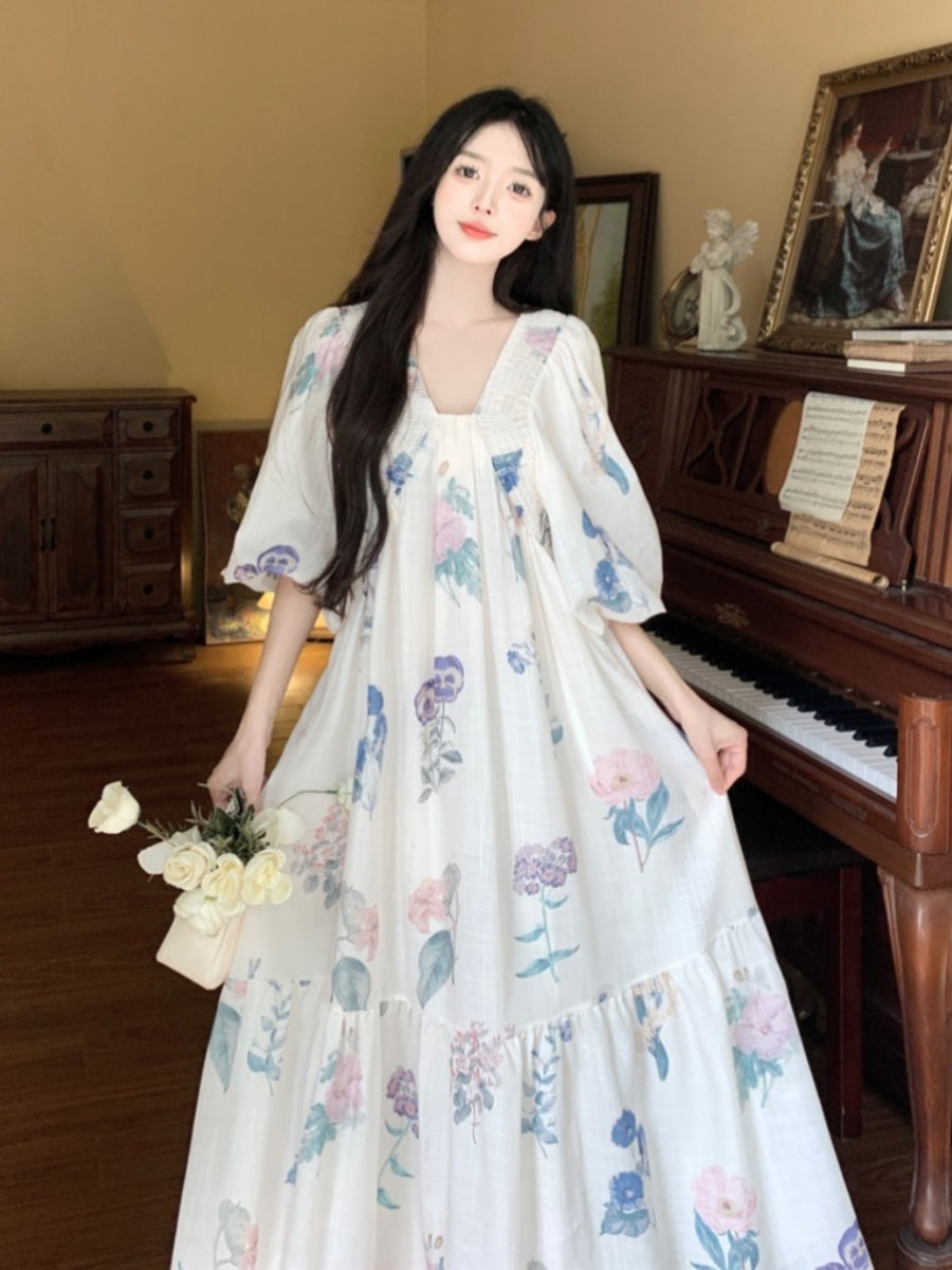 Vintage V-Neck Floral Tea Dress – French Plus Size Maxi for Beach Holidays gunne sax vintage dress