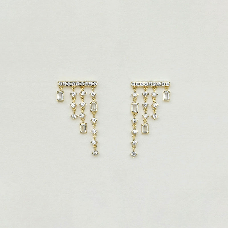 S925 Sterling Silver French Mini Chandelier Tassel Earrings Rainfall Square-Cut Design