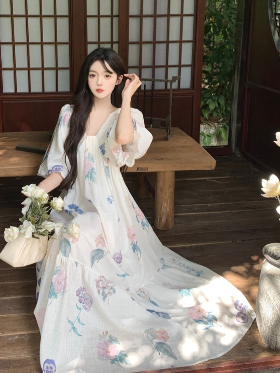 Vintage V-Neck Floral Tea Dress – French Plus Size Maxi for Beach Holidays gunne sax vintage dress