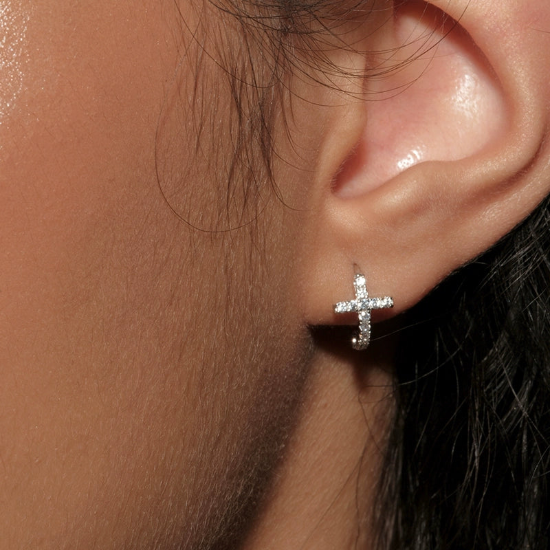 S925 Sterling Silver Sparkling Mini Cross Hoop Earrings
