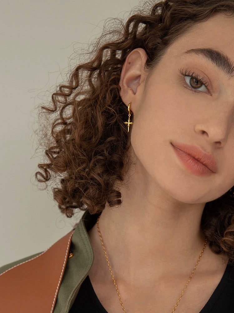 Gold Sparkle Mini Cross Hoop Earrings