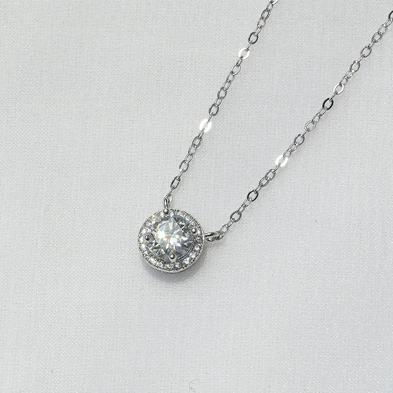 S925 Sterling Silver Moissanite Princess-Edge Round Pendant Necklace